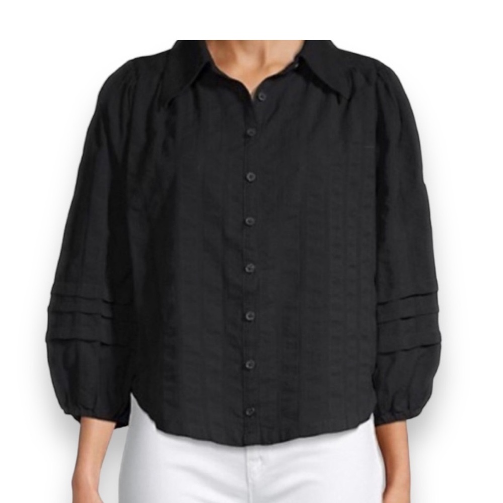 Free People Woman's Happy Days Puff Sleeve Crop Blouse Black Size XS‎ NWT